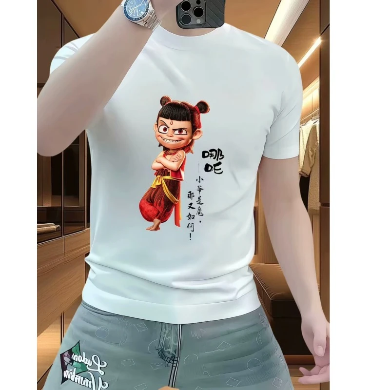 夏季新款重磅轻奢超火哪吒印花短袖t恤男时尚潮流