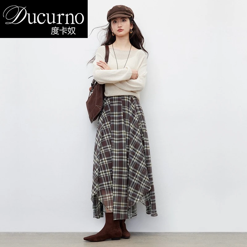 时尚复古高腰格子半身裙女2025秋季新款不规则设计感遮胯显瘦裙子