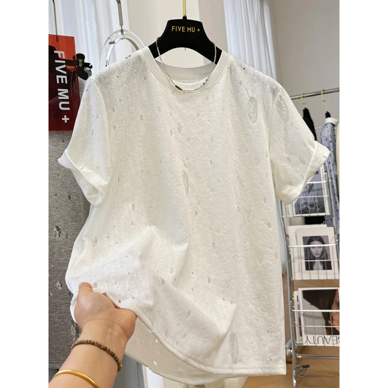 奥特莱斯~外贸清仓时尚百搭破洞蕾丝短袖t恤女设计感减龄半袖上衣