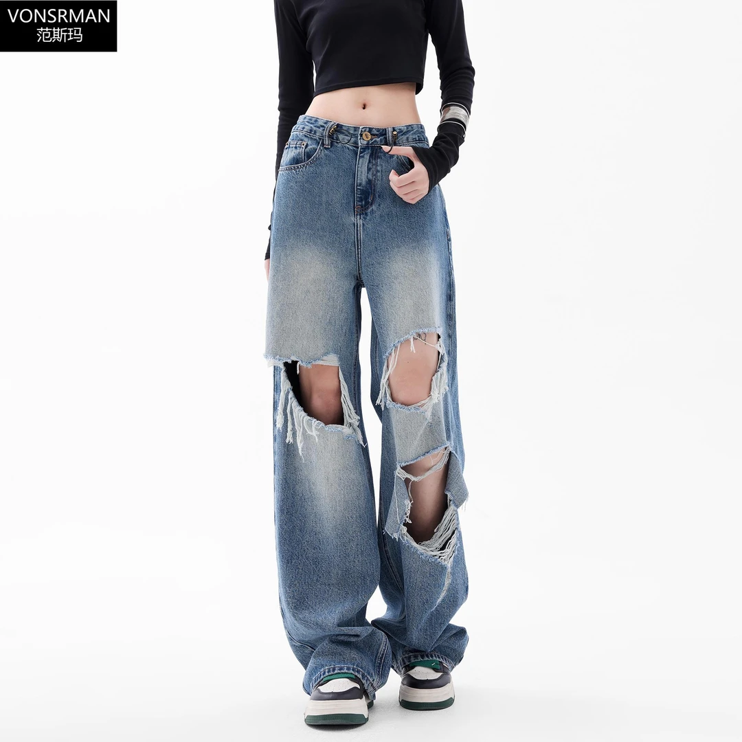 Vonsrman休闲美式复古破洞牛仔裤女秋冬新款老钱风松弛感女装贵气