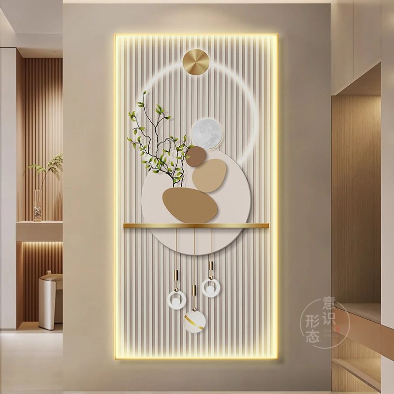 奶油风玄关装饰画高级感入户正对门挂画轻奢led带灯走廊过道壁画