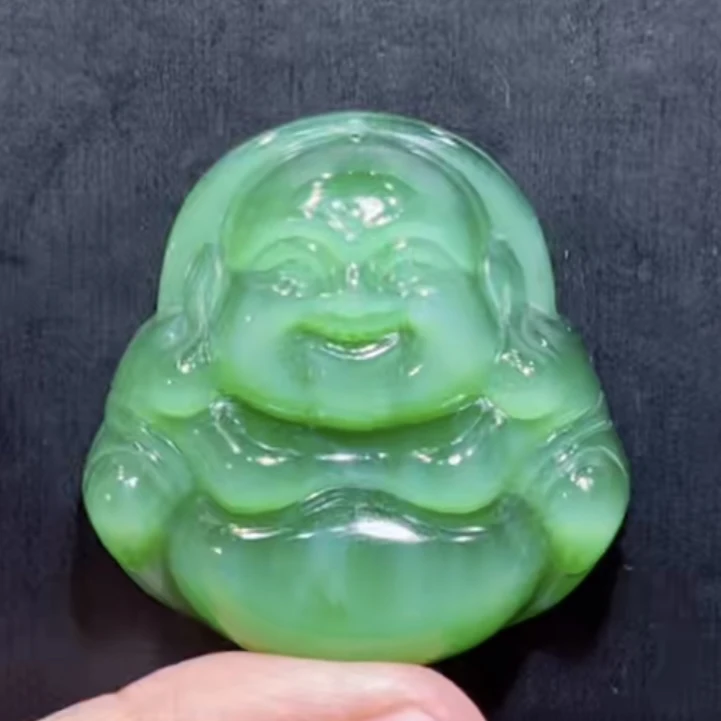 和田玉俄料碧玉冰底绿猫猫眼佛公吊坠