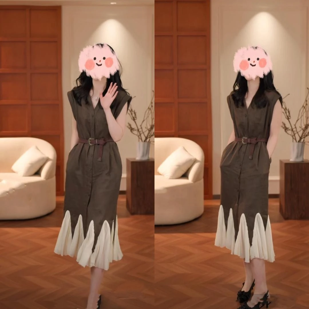 2025夏季新款轻奢欧若风百搭设计感亚麻气质百搭拼接显瘦连衣裙