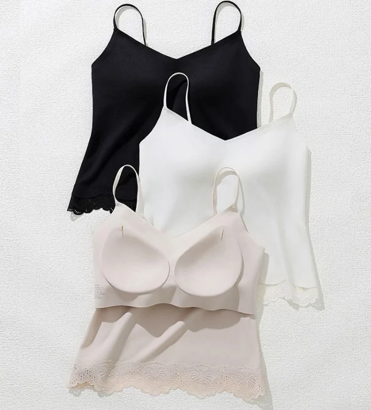 【COCQ】轻奢长款带杯垫波浪蕾丝吊带背心