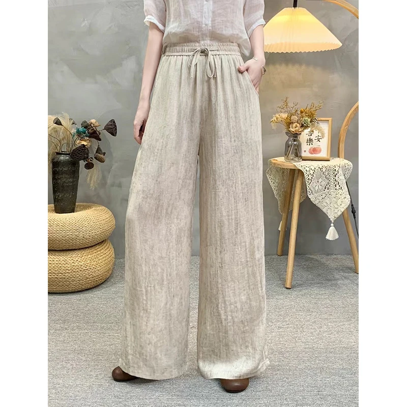 复古炒色竹节麻松紧腰系带休闲裤女新款文艺宽松百搭显瘦直筒裤