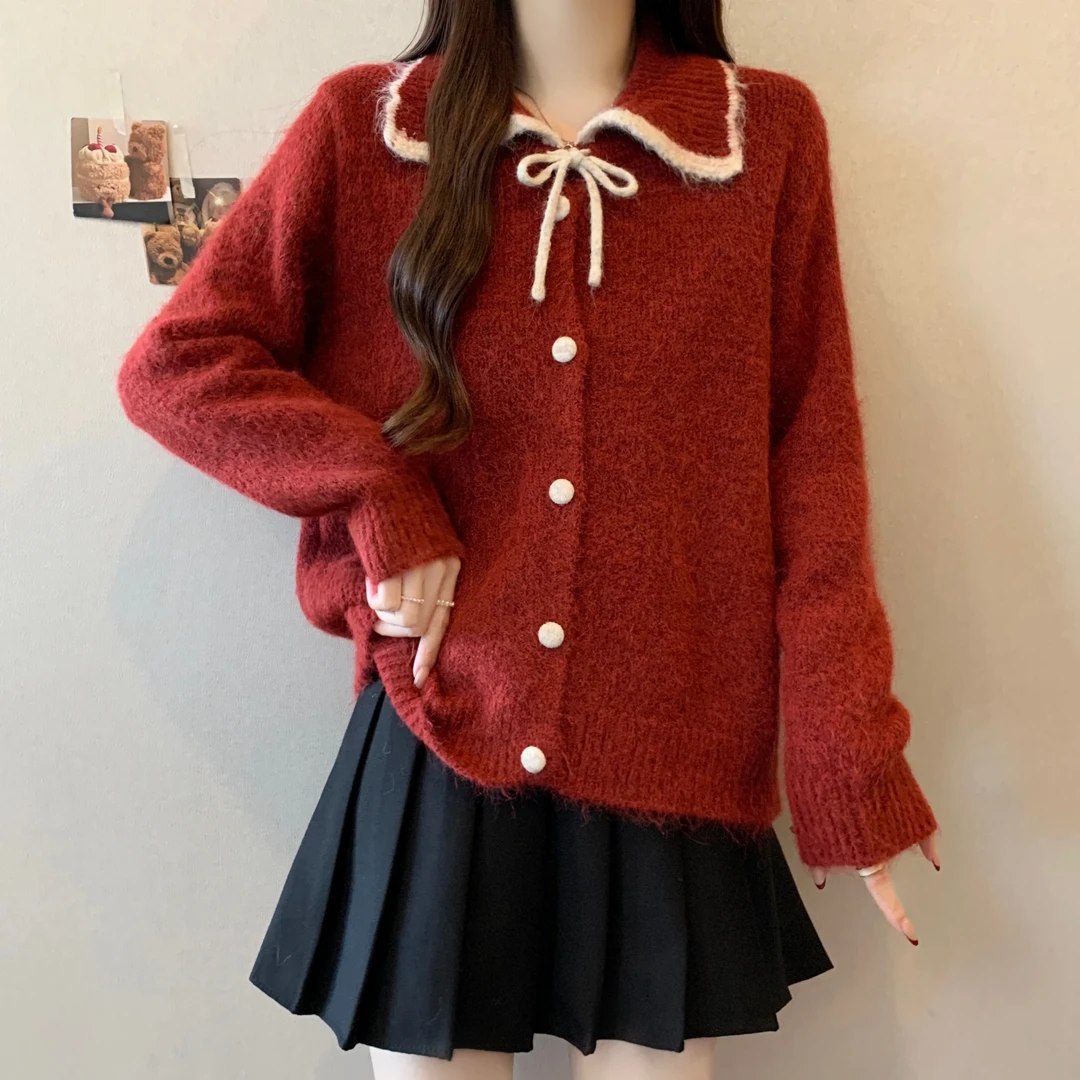 大码翻领系带红色毛衣开衫女秋冬胖MM宽松显瘦百搭洋气针织衫外套