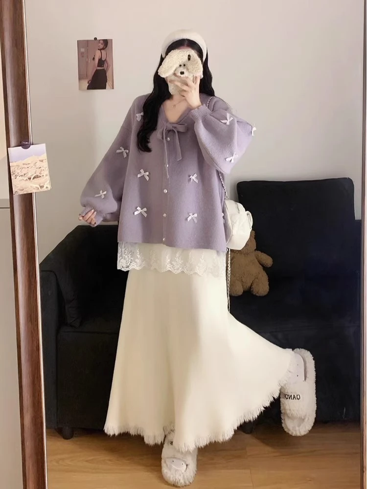 韩系氛围感套装女秋冬季新款蝴蝶结蕾丝针织毛衣胖mm半身裙两件套