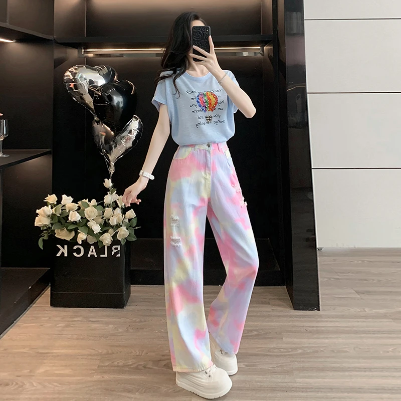 多巴胺服装女网红时尚夏季洋气短袖针织衫显瘦扎染牛仔裤两件套潮