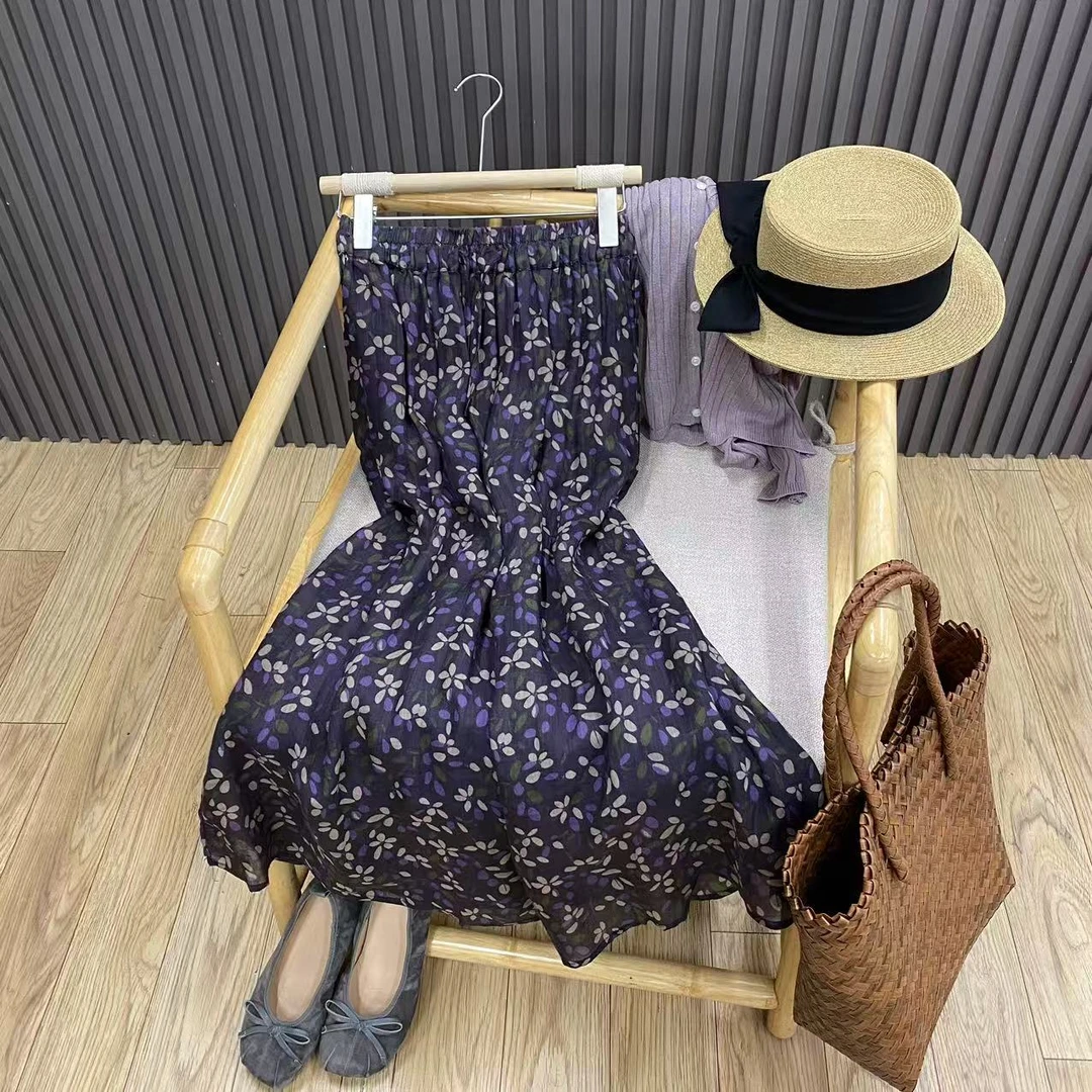 复古印花苎麻半身裙宽松百搭内衬显瘦中长款A字裙女Q24089