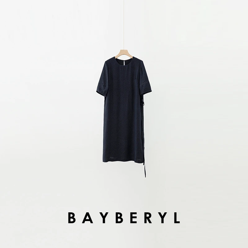 BAYBERYL老贝缠枝*藏青提花圆领系带短袖夏连衣裙9DR5G1146-7/13