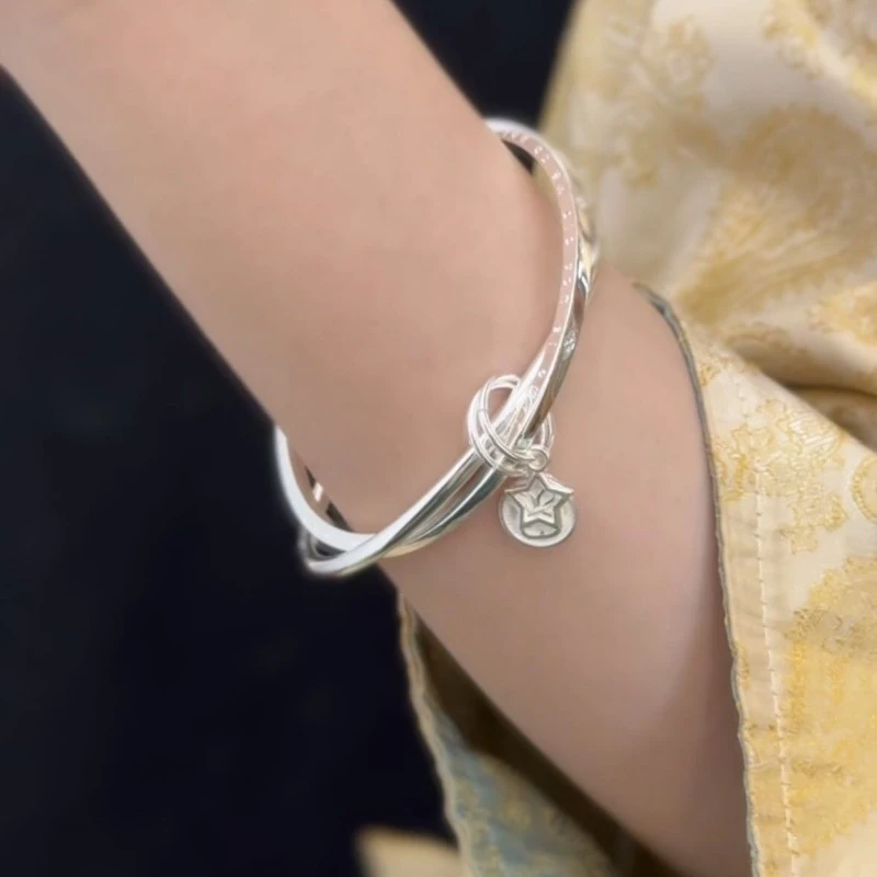 足银手镯 足银60号【兔子双环】足银999手镯实心闭口22g实心