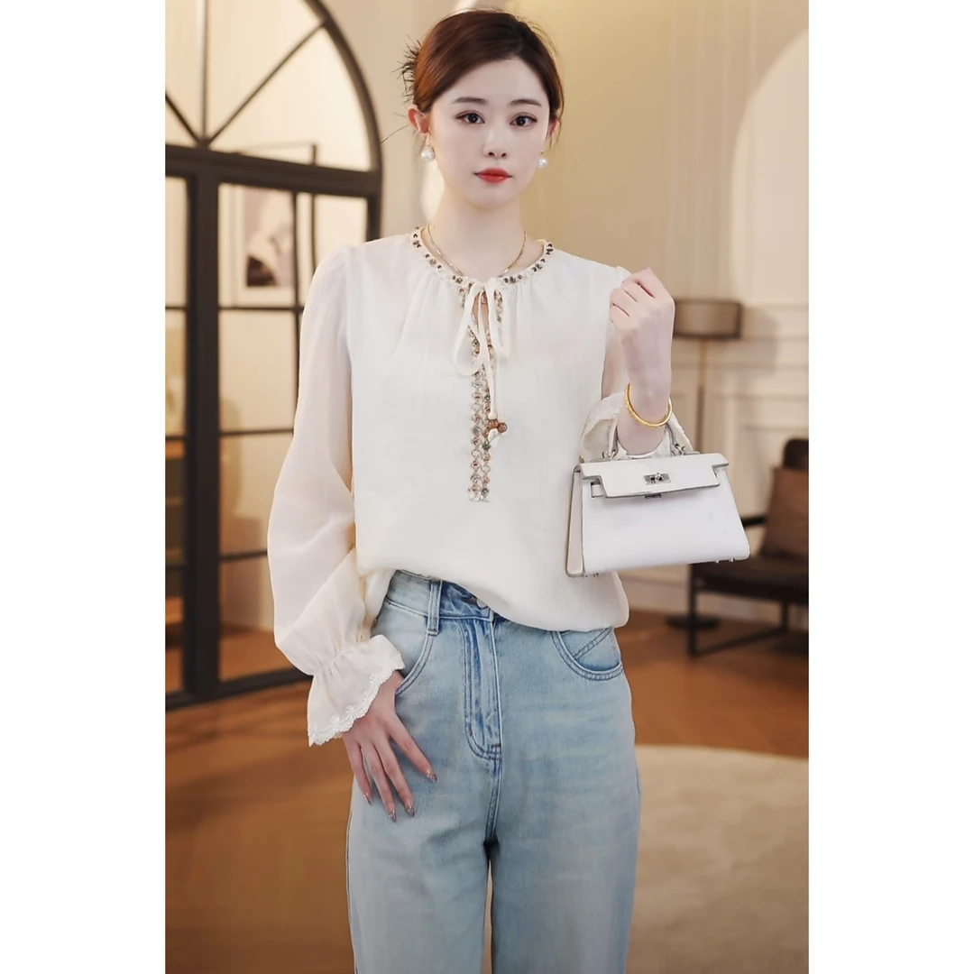 【嘉嘉JIANG】海边集市 时尚简约气质钉珠刺绣系带衬衫 WG251M1065