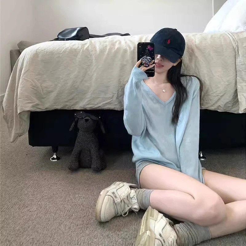 韩系温柔风V领针织衫女2025春季新款小众设计感宽松显瘦长袖上衣