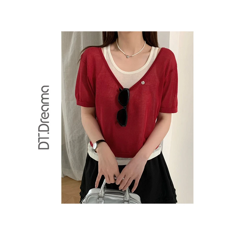 u领假两件短袖正肩t恤女夏季设计感小众薄款针织显瘦上衣女