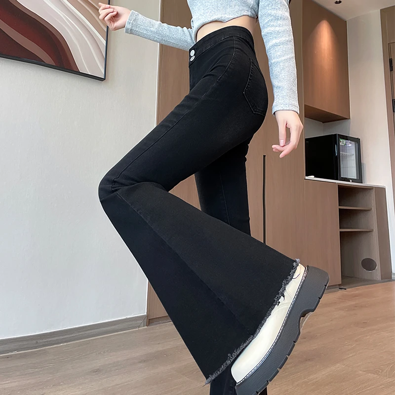黑色毛边微喇牛仔裤女2025秋季新款高腰收腹丰臀美胯马蹄喇叭裤子