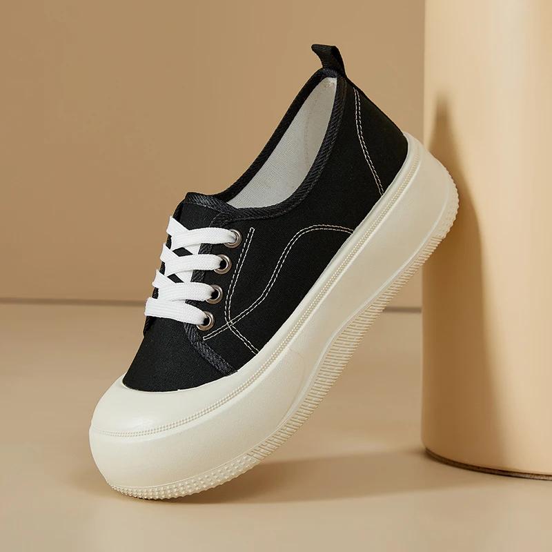 板鞋时尚百搭春季厚底单鞋薄款女鞋黑色厚底女帆布鞋女纯色
