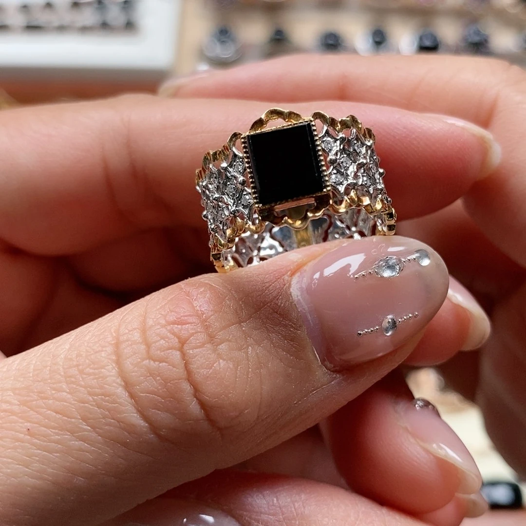 翡翠戒指18K金镶嵌墨翠戒指