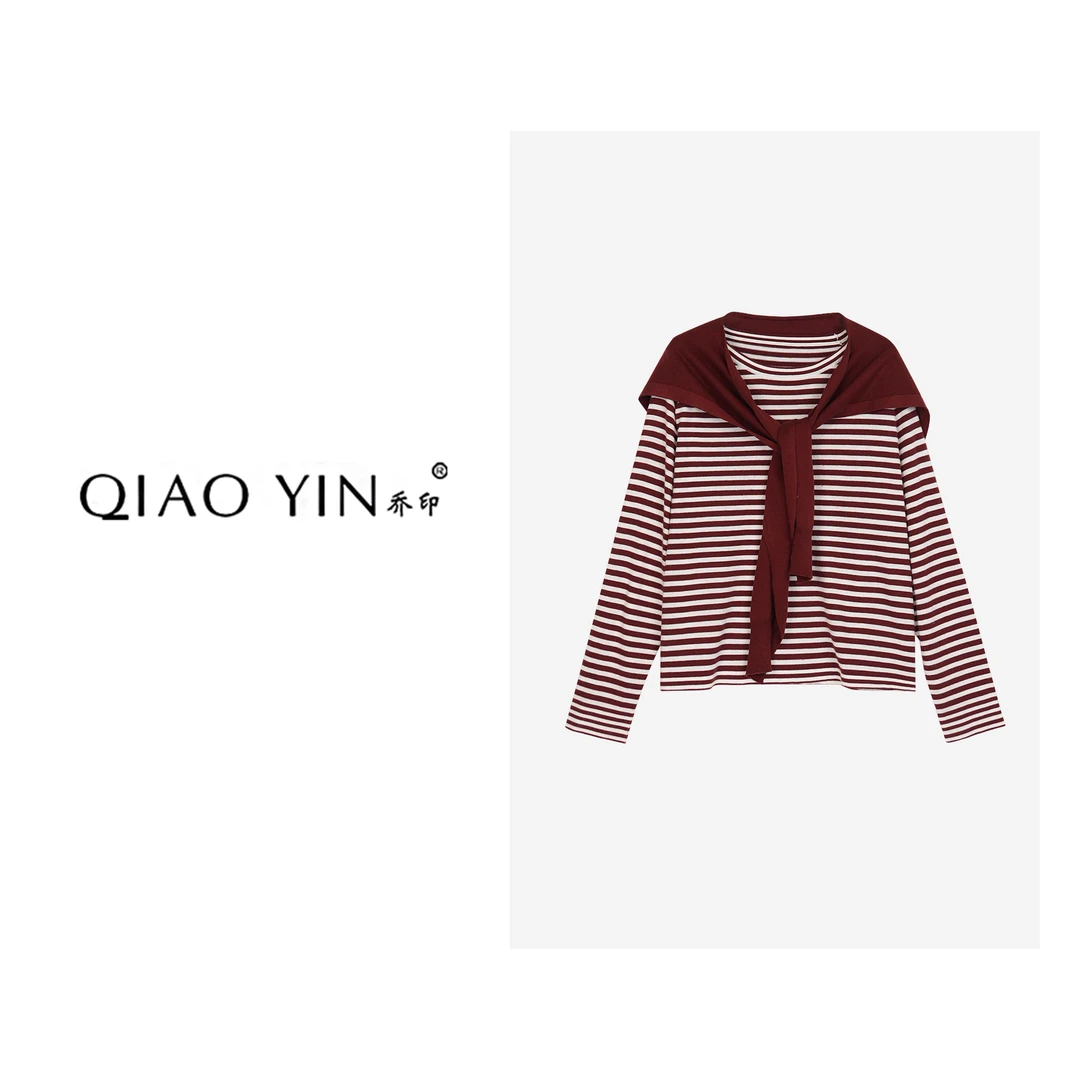 QIAO YIN“小衫”长袖时尚休闲条纹撞色设计师QY26673