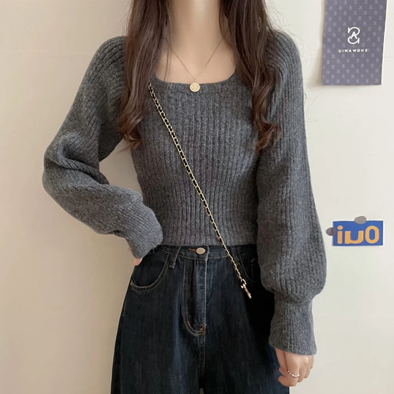 法式小众方领毛衣女内搭秋冬别致短款灯笼袖上衣方领针织打底衫女