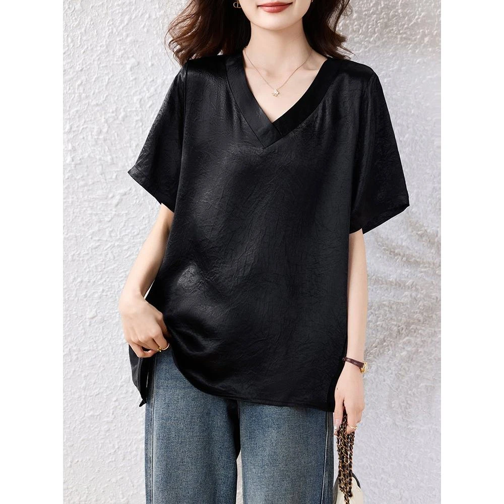 短袖T恤女2025夏季新款大码衬衫夏装宽松遮肉显瘦黑色洋气上衣