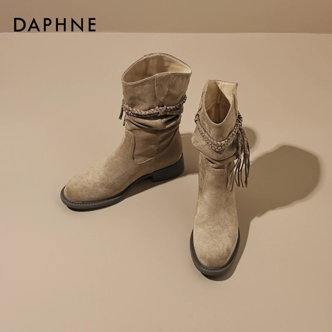 达芙妮25堆堆短靴新款绒面秋冬中筒琥珀流光风骑士靴粗跟靴子平底