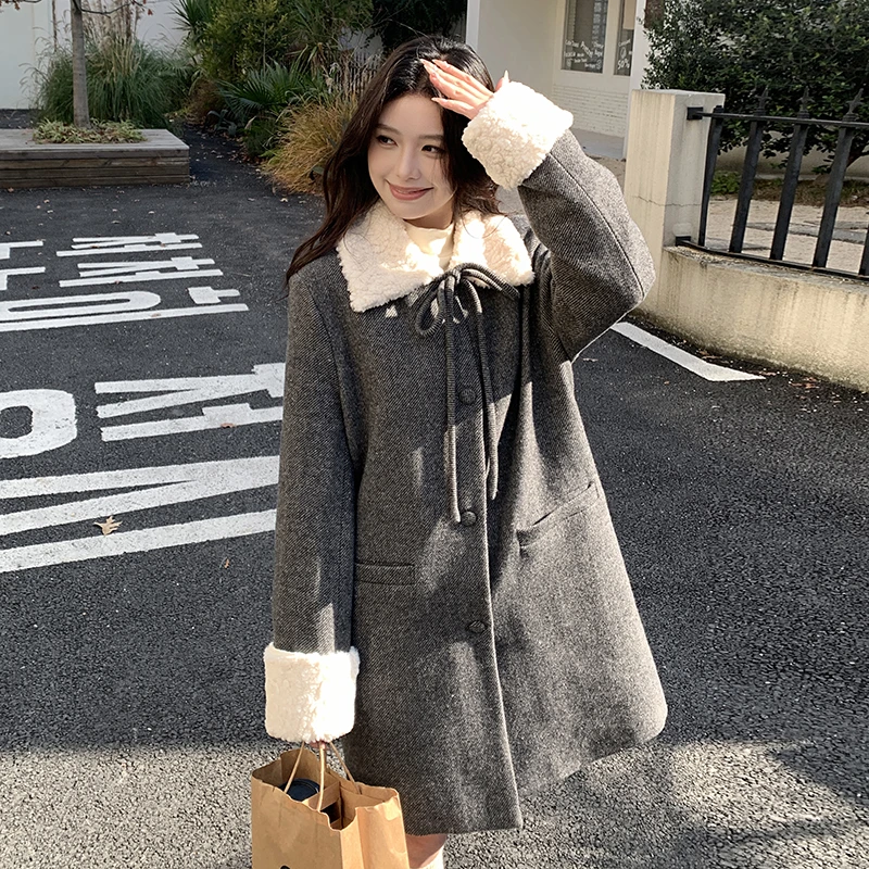 灰色氛围感翻毛领呢子羽绒服女2025冬季新款90白鸭绒内胆毛呢外套