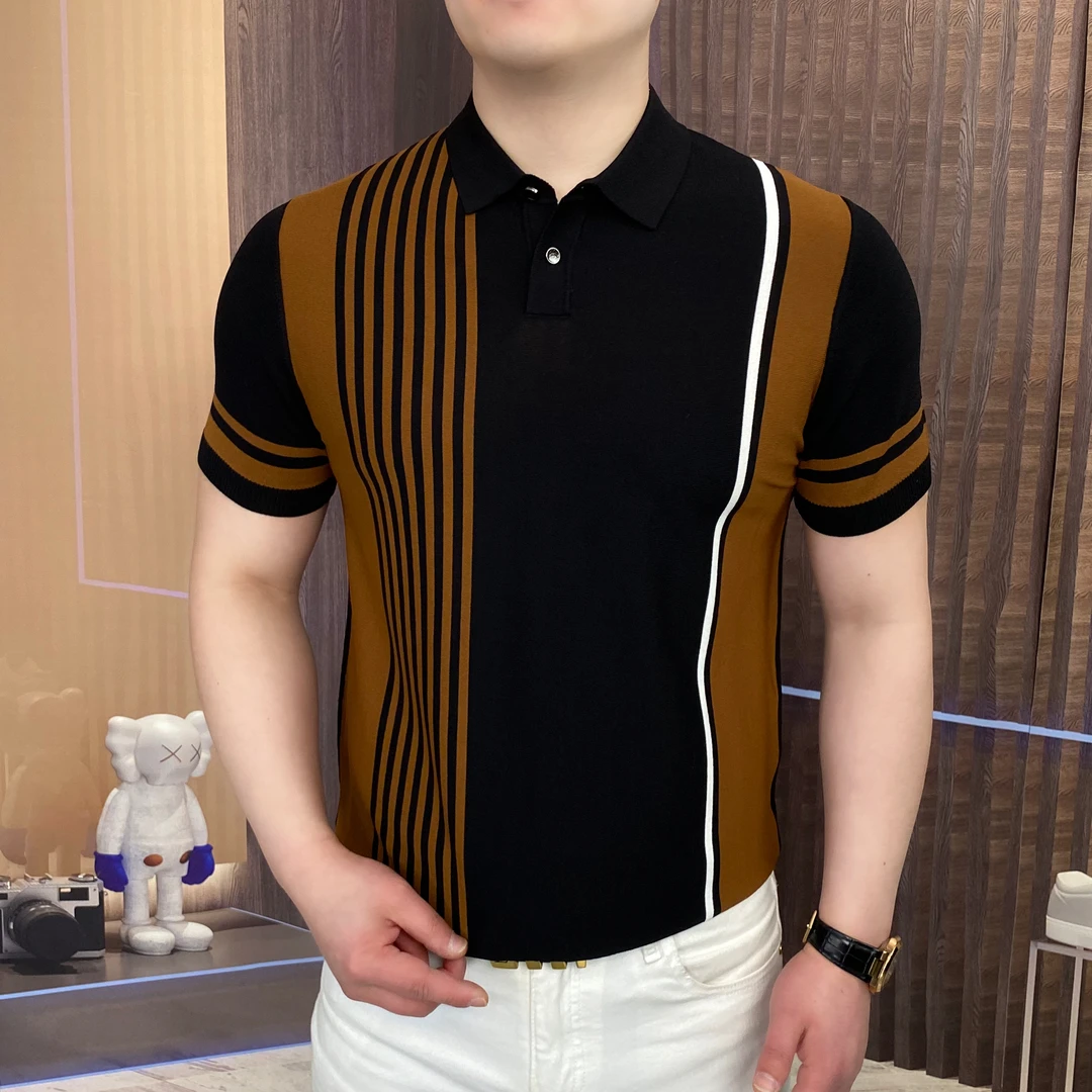 2025夏季伊力特男士条纹Polo衫时尚休闲半袖潮流修身商务翻领