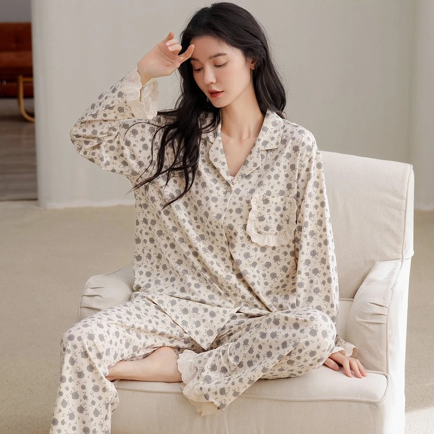 春季上新长袖碎花棉柔睡衣气质减龄保暖居家舒适透气女两件套3113