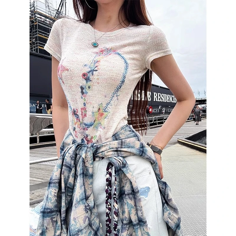 美式性感辣妹风修身夏季新款涂鸦印花设计时尚短袖T恤上衣