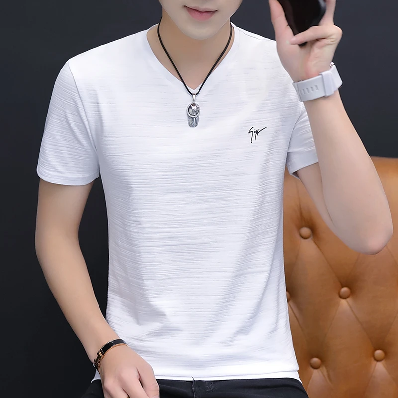 时尚爆款百搭半袖潮流修身男士V领纯色短袖t恤夏季薄款透气简约款