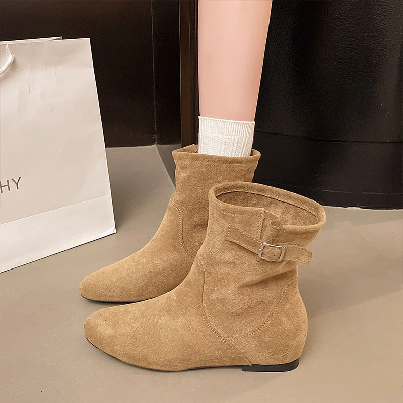 复古风搭扣防滑平底短靴女2025新款中筒瘦瘦靴一脚蹬内增西部靴子