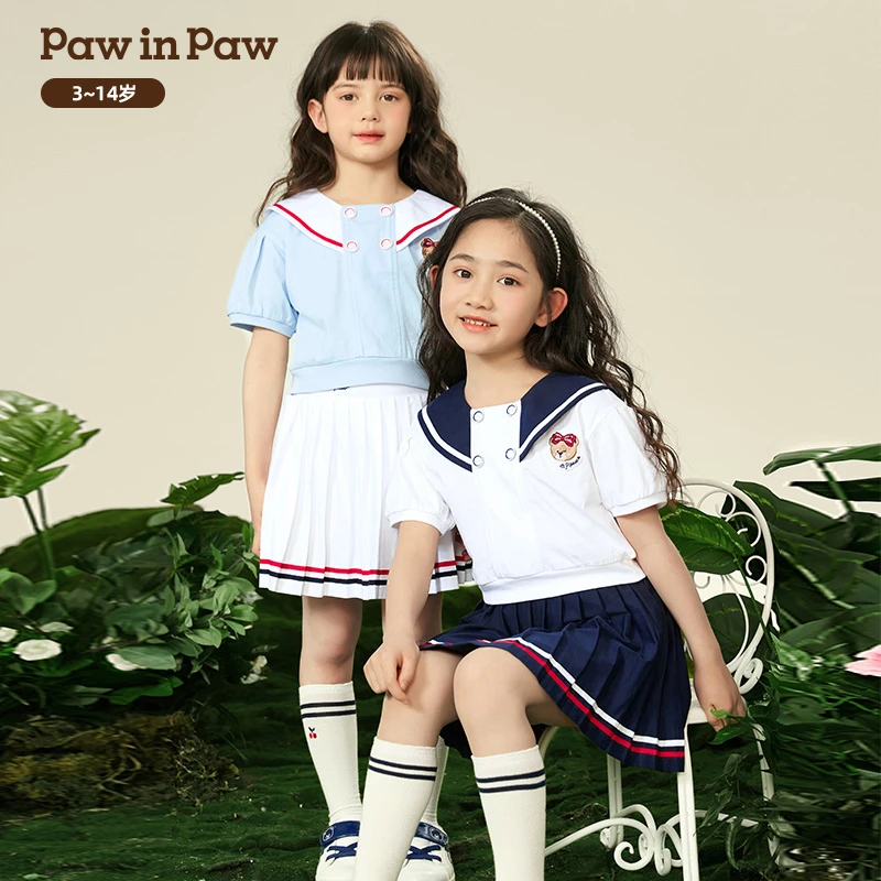 PawinPaw卡通小熊童装年夏季女童学院风拼色淑女套装PCSMD2541K