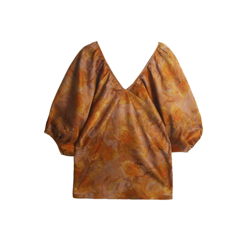 25姆米满分桑蚕丝红云纱双V领设计师款上衣252241-7-8-3