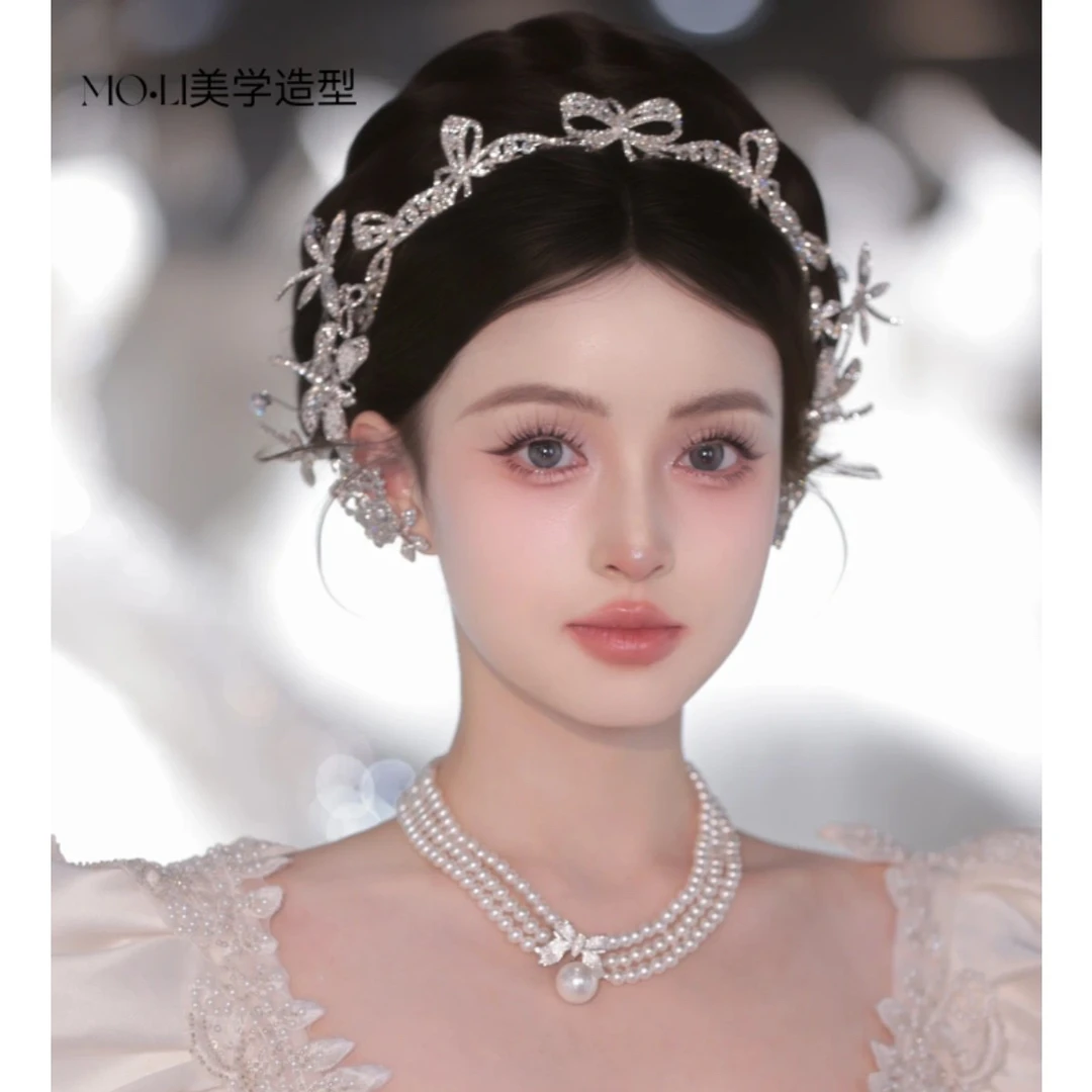 6866简约韩式闪钻蝴蝶结新娘皇冠婚礼发饰写真发箍影楼跟妆配饰