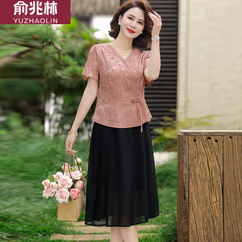 俞兆林新中式国风妈妈夏装短袖连衣裙洋气中老年女装遮肚显瘦假两