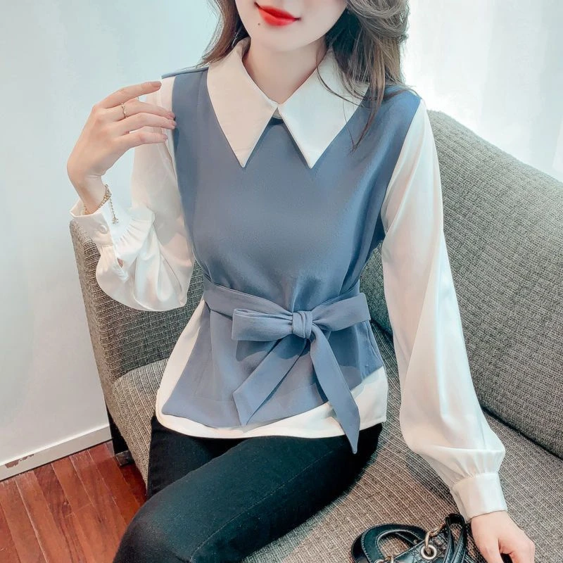 假两件拼接衬衫女长袖春秋法式新款设计感小众时尚收腰绑带上衣服