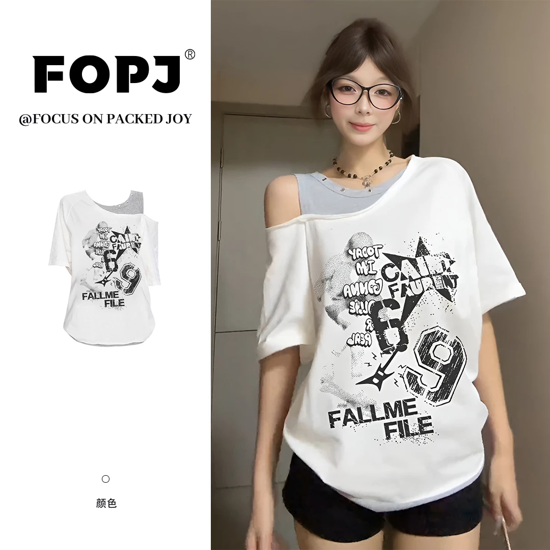 FOPJ夏季新款假两件斜肩短袖t恤女修身显瘦韩系时尚学院风上衣ins