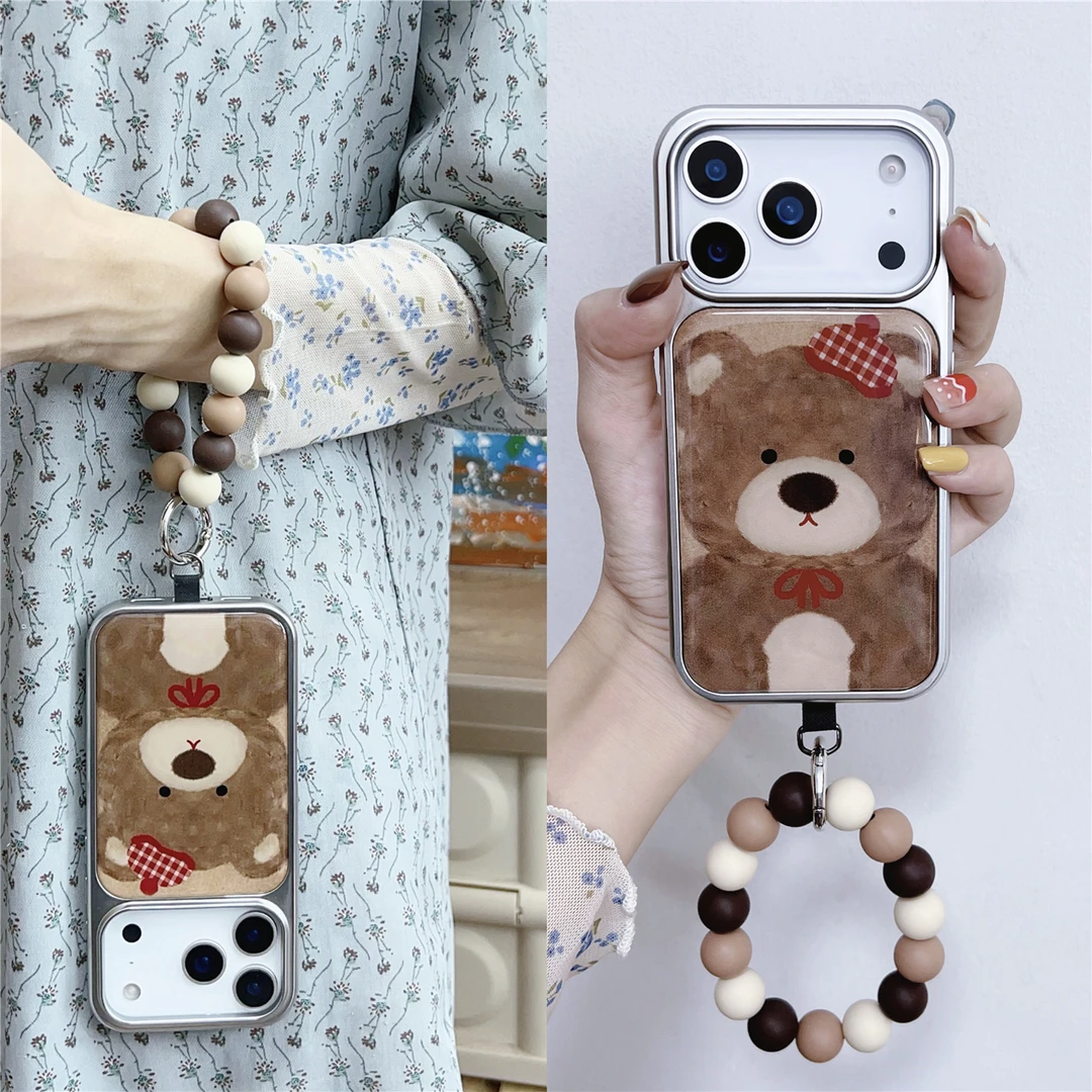 秋冬复古棕油画小熊适用苹果17promax串珠16手环iphone15手机壳14