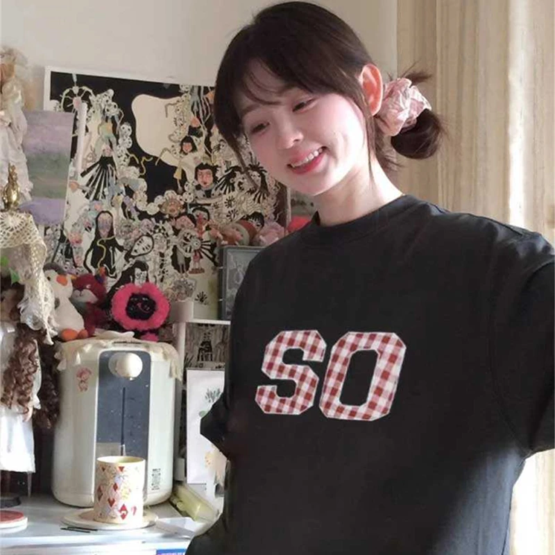 韩版美式趣味毛巾绣红格字母简约纯棉短袖2025新款百搭#MJ082