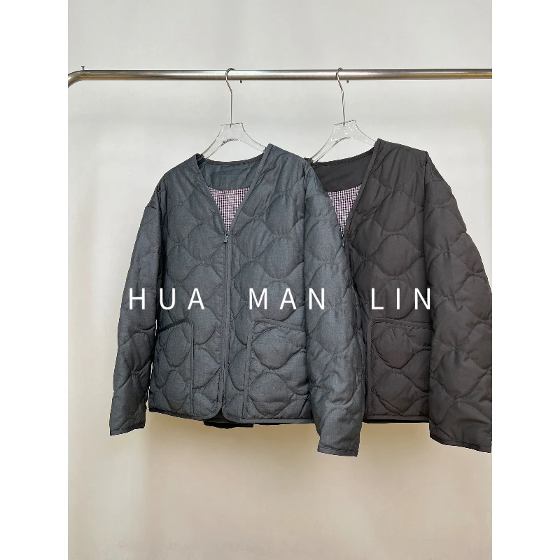 【花满林】两色V领拉链大口袋绵羊毛填充物鸭绒羽绒外套25136