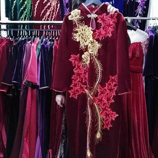 品牌酒红色重工刺绣长款旗袍4XL130-140斤