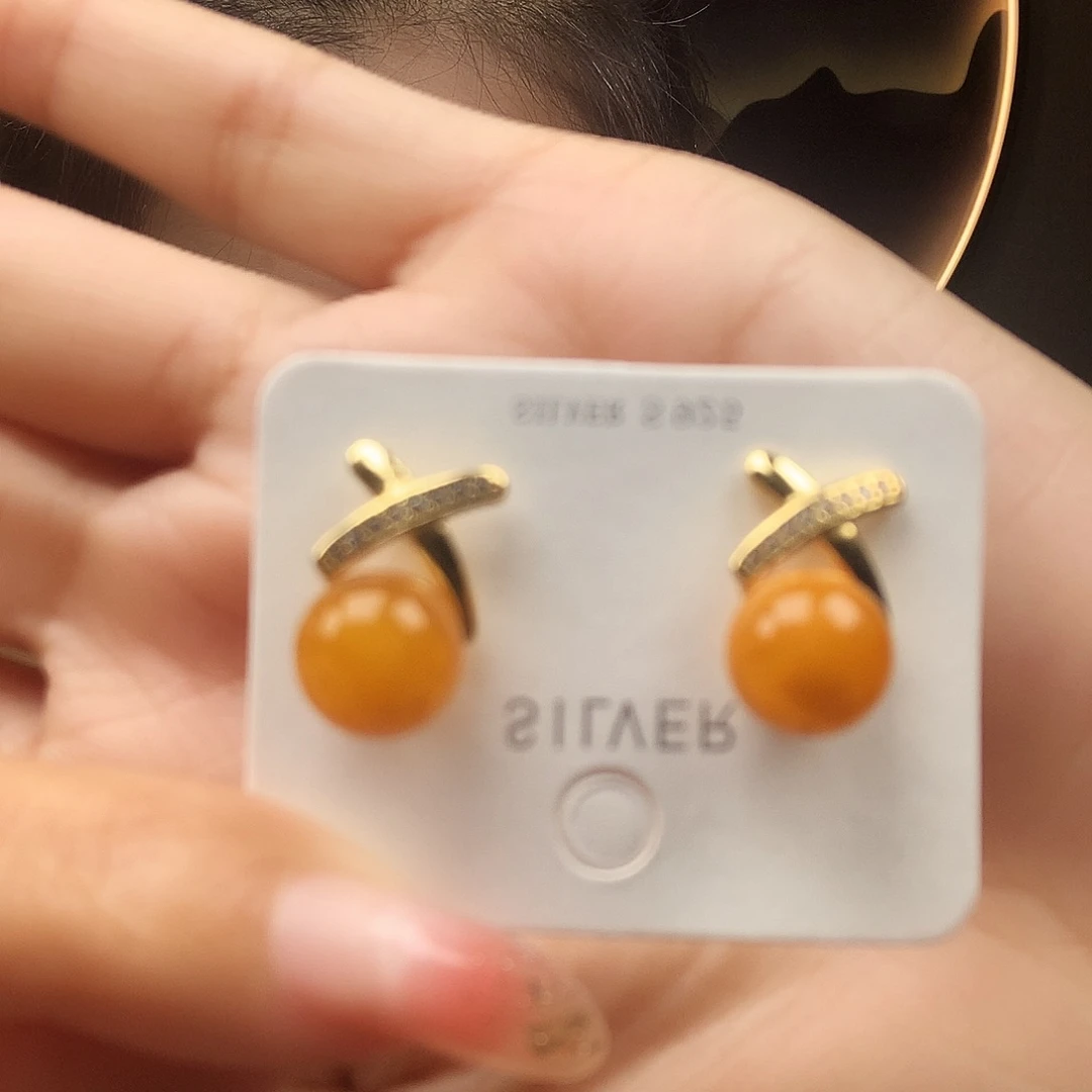 蜜蜡耳饰银S925镶嵌耳钉