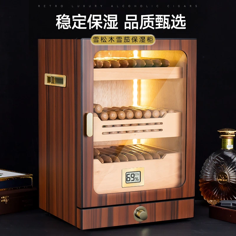 大容量多层雪茄保湿盒雪松木醇化醒茄带LED灯透视窗立体式雪茄柜