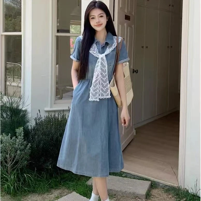 90013-XC大码胖mm新款女装收腰显瘦蕾丝披肩A字牛仔连衣裙高腰裙