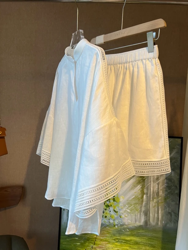 艾米莉法式夏季白色牛仔上衣-短裤休闲蕾丝套装宽松薄款百搭女装