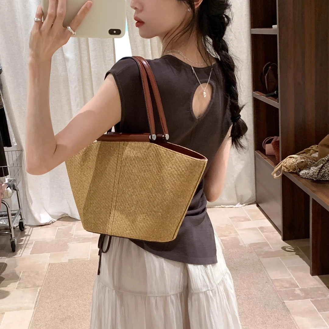 韩系咖色不规则抽绳收腰针织短袖T恤女夏季薄款后背镂空小众上衣