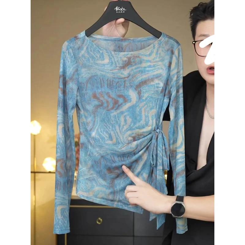 绑带网纱长袖t恤女2025夏季新款薄款防晒衣罩衫收腰显瘦百搭上衣