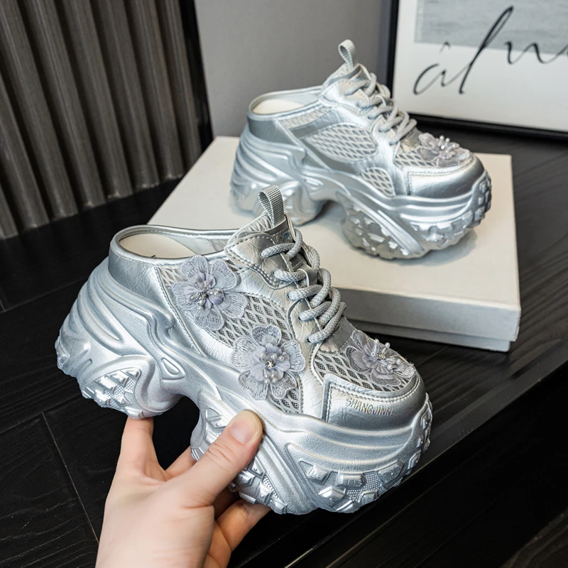 9cm内增高包头老爹鞋女夏外穿2025透气时尚百搭厚底网面半拖鞋潮