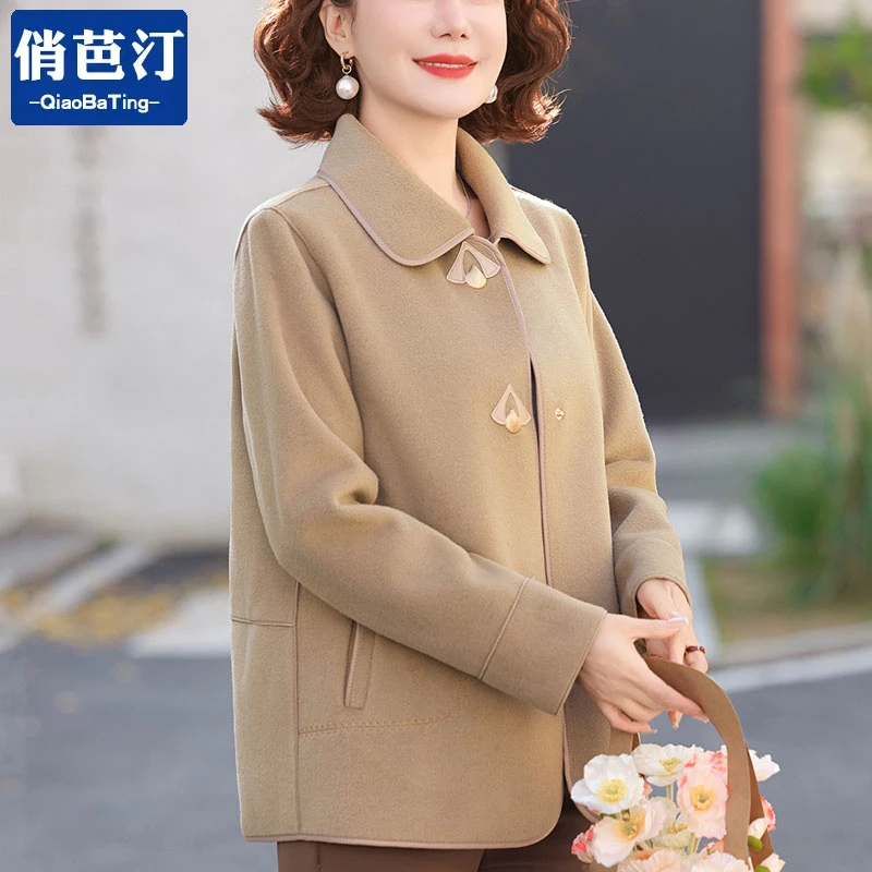 气质妈妈春秋装短款毛呢外套女新款中老年40到50时尚宽松呢子上衣