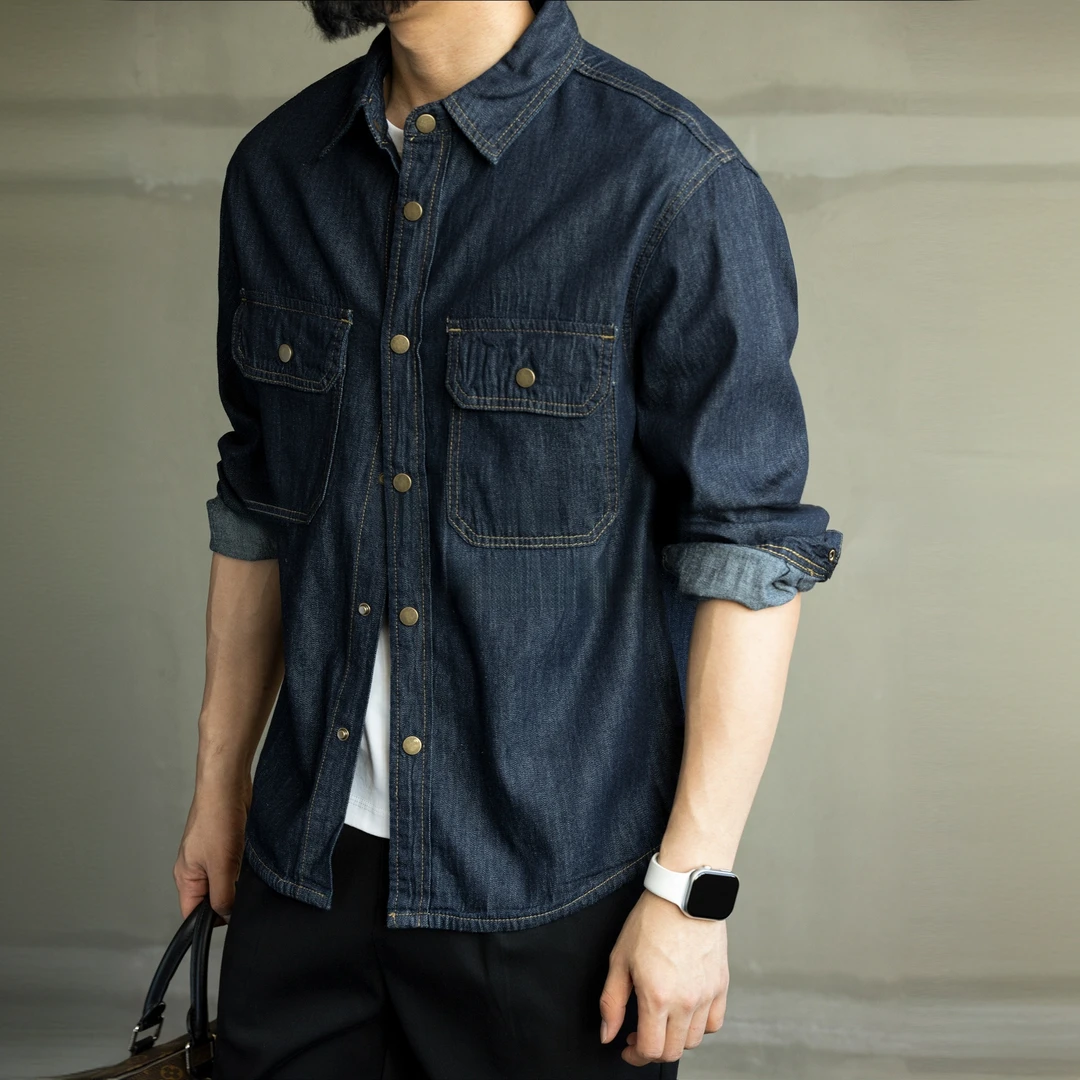 2025春秋新款原色牛仔衬衫男士长袖宽松高级简约衬衣重磅纯棉外套